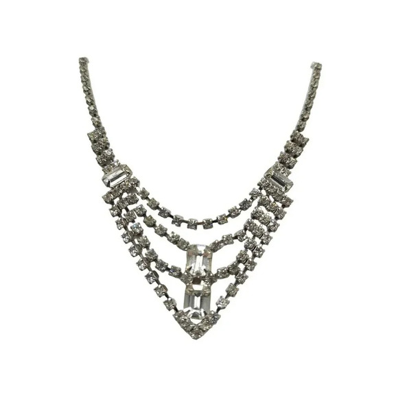 Clear Rhinestone Crystal Swag Bib Necklace Hook Closure Silver Tone Vintage - Picture 2 of 5